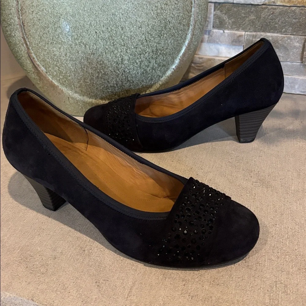 Gabor European Black Crystal Embellished Suede Pumps